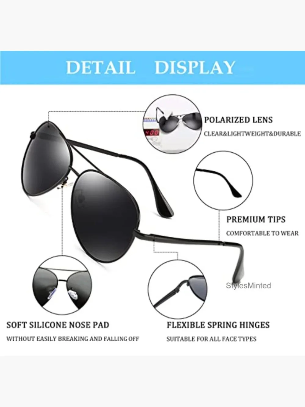 Polarized Aviator Sunglasses UV Protection Metal Frame Spring Hinges